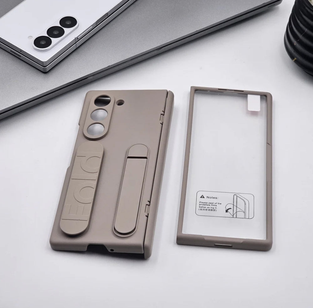 Samsung Galaxy Z Fold 5 Silicone Strap Kickstand Case With Front Screen Protector - (Beige)