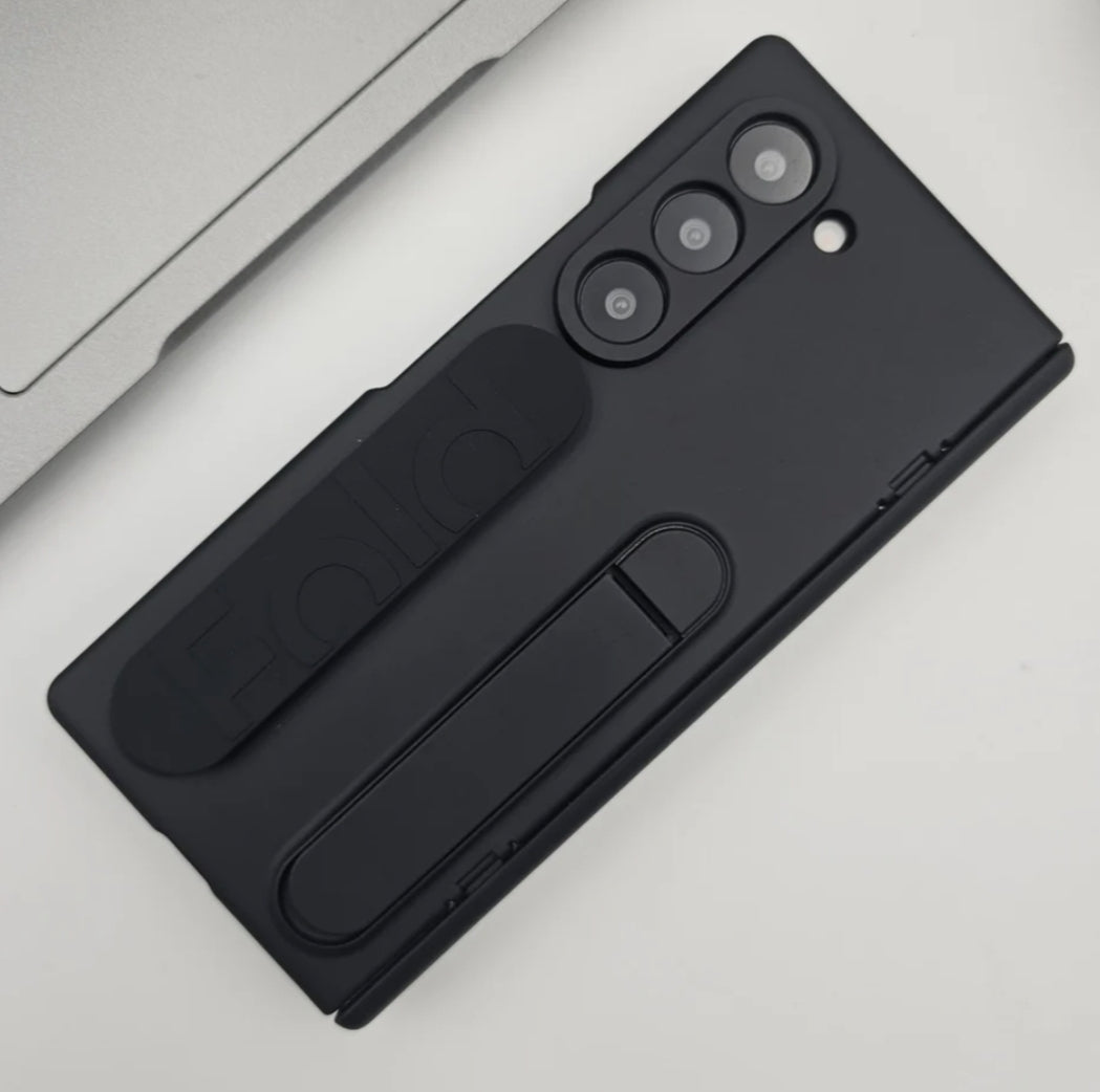 Samsung Galaxy Z Fold 5 Silicone Strap Kickstand Case With Front Screen Protector - (Black) - mobilecasez