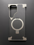 Samsung S24 Ultra Metal Carbon Fibre Magnetic Impact Resistance Casing with Stand - Silver - mobilecasez
