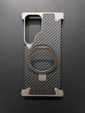 Samsung S24 Ultra Metal Carbon Fibre Magnetic Impact Resistance Casing with Stand - Silver - mobilecasez