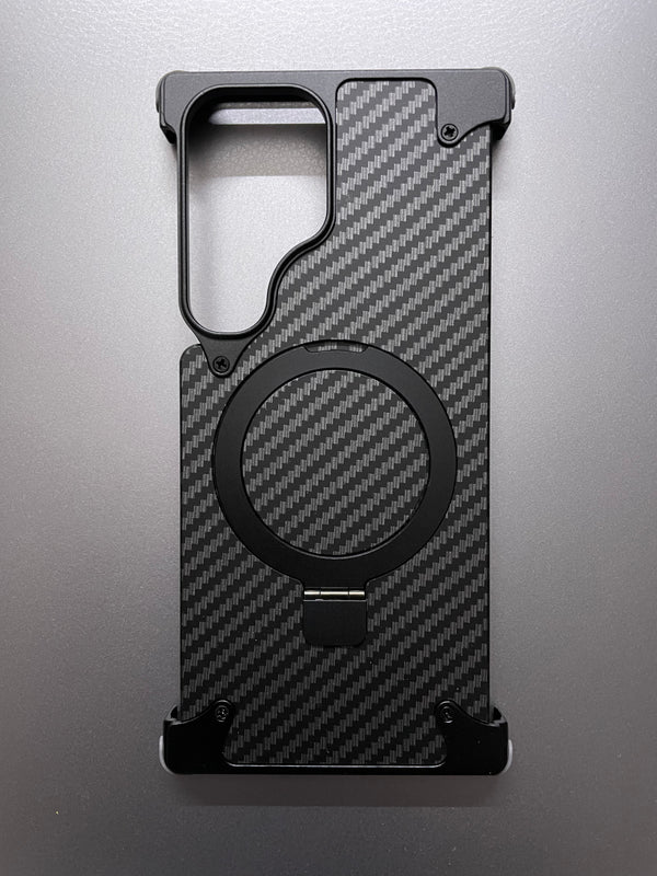 Samsung S24 Ultra Metal Carbon Fibre Magnetic Impact Resistance Casing with Stand - Black - mobilecasez