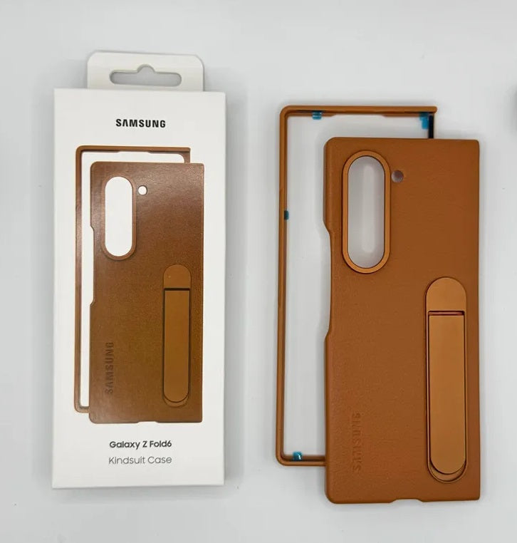 Samsung Z-Fold-6 Case: Genuine Leather Galaxy Fold 6 With stand Case [Hinge Protection][Screen Protector] Skin Felling- Durable Shockproof Protective Phone Cover for Galaxy Fold 6 - Brown - mobilecasez