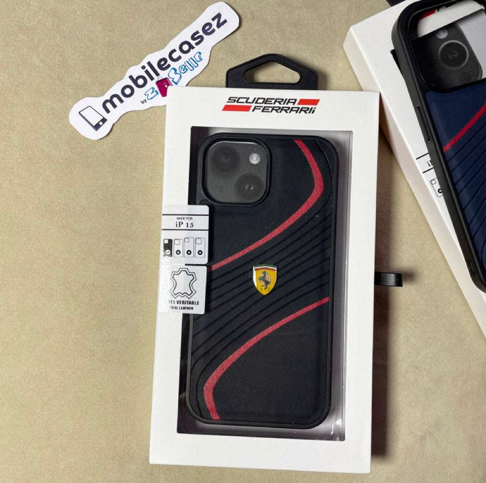 CG MOBILE Ferrari iPhone 15 Case PU Leather Case with Twist Embossed Lines | Shock Absorption Protective Case/Cover Designed for iPhone 15 2023 Black