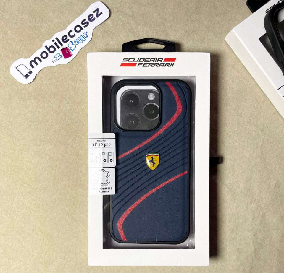 CG MOBILE Ferrari iPhone 15 Pro Max Case PU Leather Case with Twist Embossed Lines | Shock Absorption Protective Case/Cover Designed for iPhone 15 Pro Max 2023 Blue