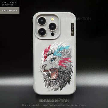 iPhone 15 Pro 3D EMBROIDERED LEATHER LION CASE- Grey