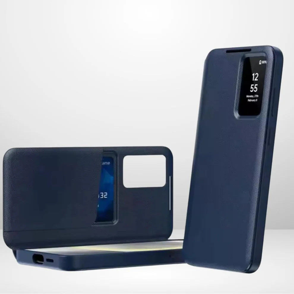 Ultra Hybrid Smart View Wallet Case for Samsung Galaxy S25 Ultra | Flip Leather Cover with NFC Display Activation via App | Magnetic Closure | Card Holder | Stand Feature (Blue)
