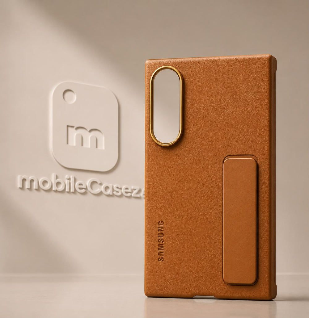 Leather Standing Case with Metal Camera Ring for Samsung Galaxy Fold 8 Wide - Brown