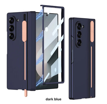 MobileCasez Luxury Matte Hard PC With Pen Holder Back Case/Cover with Front Glass,Hinge Cover & Kickstand for Samsung Galaxy Z Fold6 / Galaxy Fold 6 Case Cover - (Dark Blue)