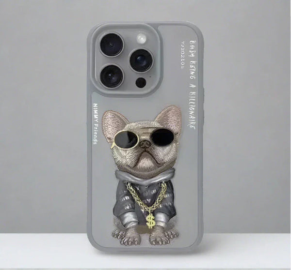 Nimmy 3D Embroided Phone Back Case Cover for Apple iPhone - iPhone 15 - Bull Dog Grey - mobilecasez