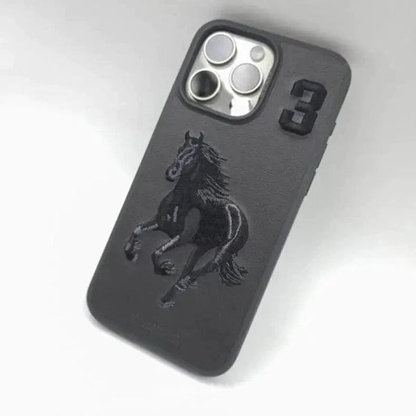 Apple iPhone 15 Santa Barbara Polo & Racquet Club ® Luxury Savana Series Leather Case for iPhone 15 - Black Horse - mobilecasez