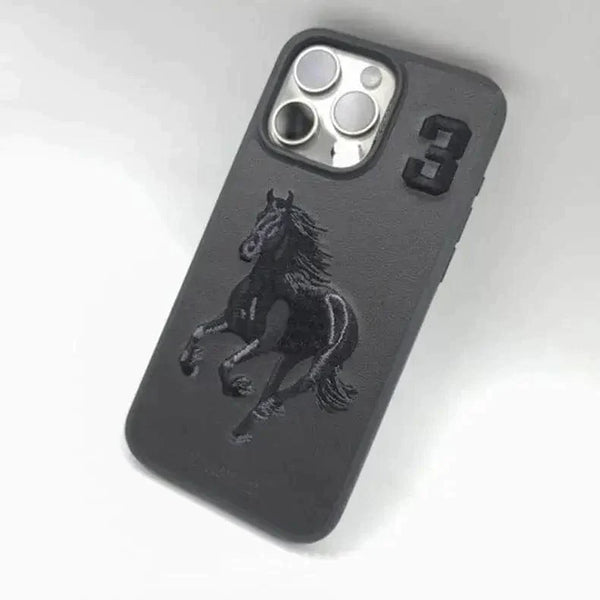 Apple iPhone 14 Santa Barbara Polo & Racquet Club ® Luxury Savana Series Leather Case for iPhone 14 - Black Horse - mobilecasez