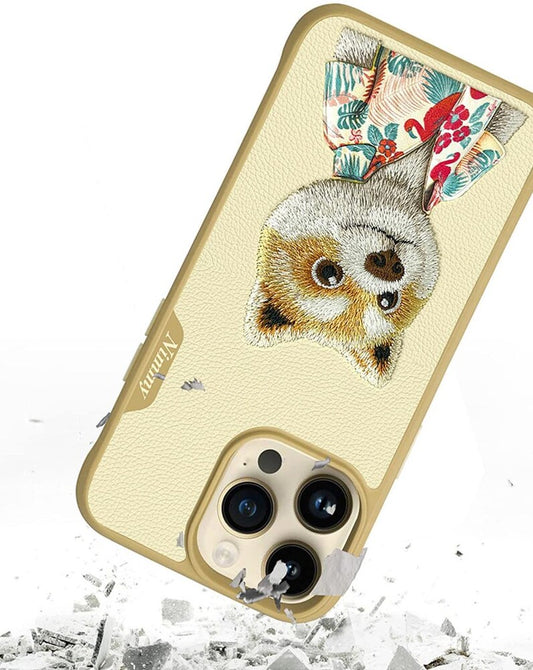 TREEMODA Nimmy 3D Embroidered Khaki Dog Leather Case for iPhone 13