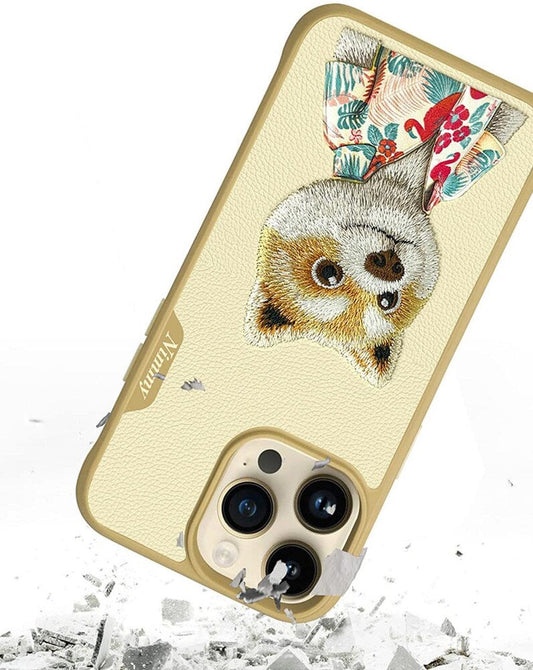 TREEMODA Nimmy 3D Embroidered Khaki Dog Leather Case for iPhone 15 Pro