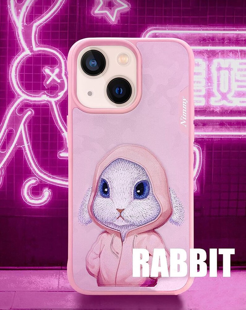 TREEMODA Nimmy 3D Embroidered Pink Rabbit Leather Case for iPhone 14 Pro Max - mobilecasez