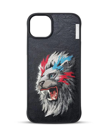 TREEMODA Nimmy Lion Leather Case with Embroidery Anti-Slip Scratch Resistant Protective Cover for Iphone 15 Pro Max